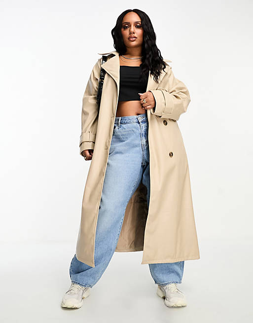 ASOS DESIGN Curve faux leather trench coat in stone | ASOS