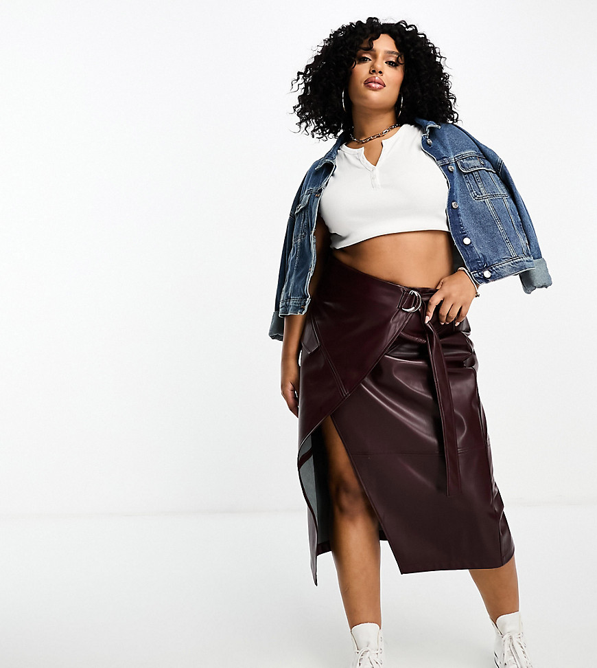 ASOS DESIGN Curve faux leather utility wrap midi skirt in burgundy-Red