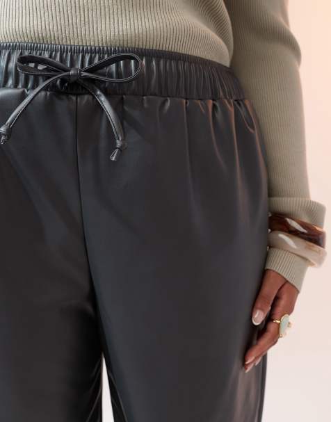 ASOS DESIGN Curve faux leather wide leg pull on pants in charcoal - view 1