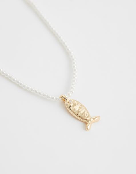 ASOS DESIGN Curve faux-pearl beaded necklace with fish pendant in gold tone - view 1