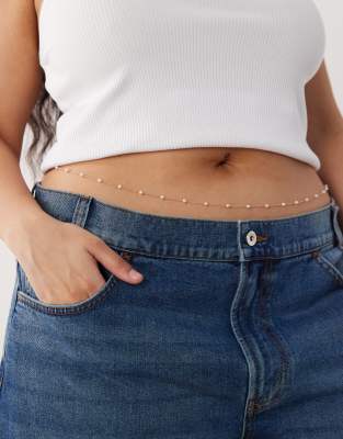 Asos Curve Asos Design Curve Faux-pearl Station Belly Chain In Gold