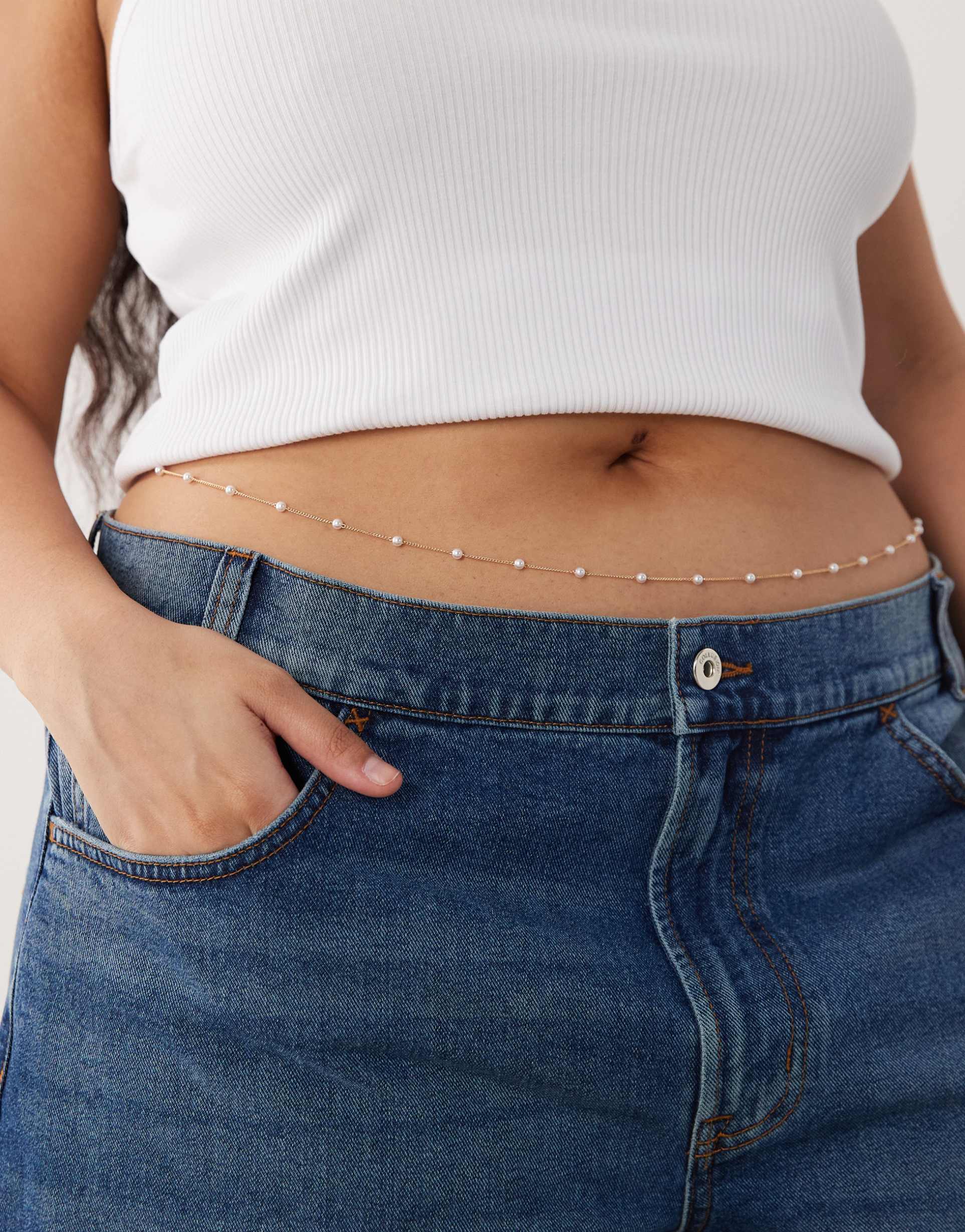 asos design curve faux-pearl station belly chain in gold tone