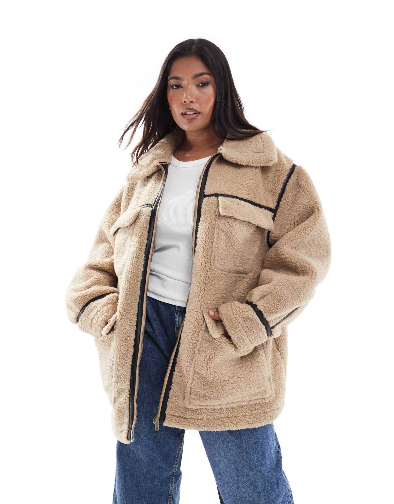 Верхняя куртка средней длины из искусственной овечьей шерсти ASOS DESIGN Curve в цвете stone