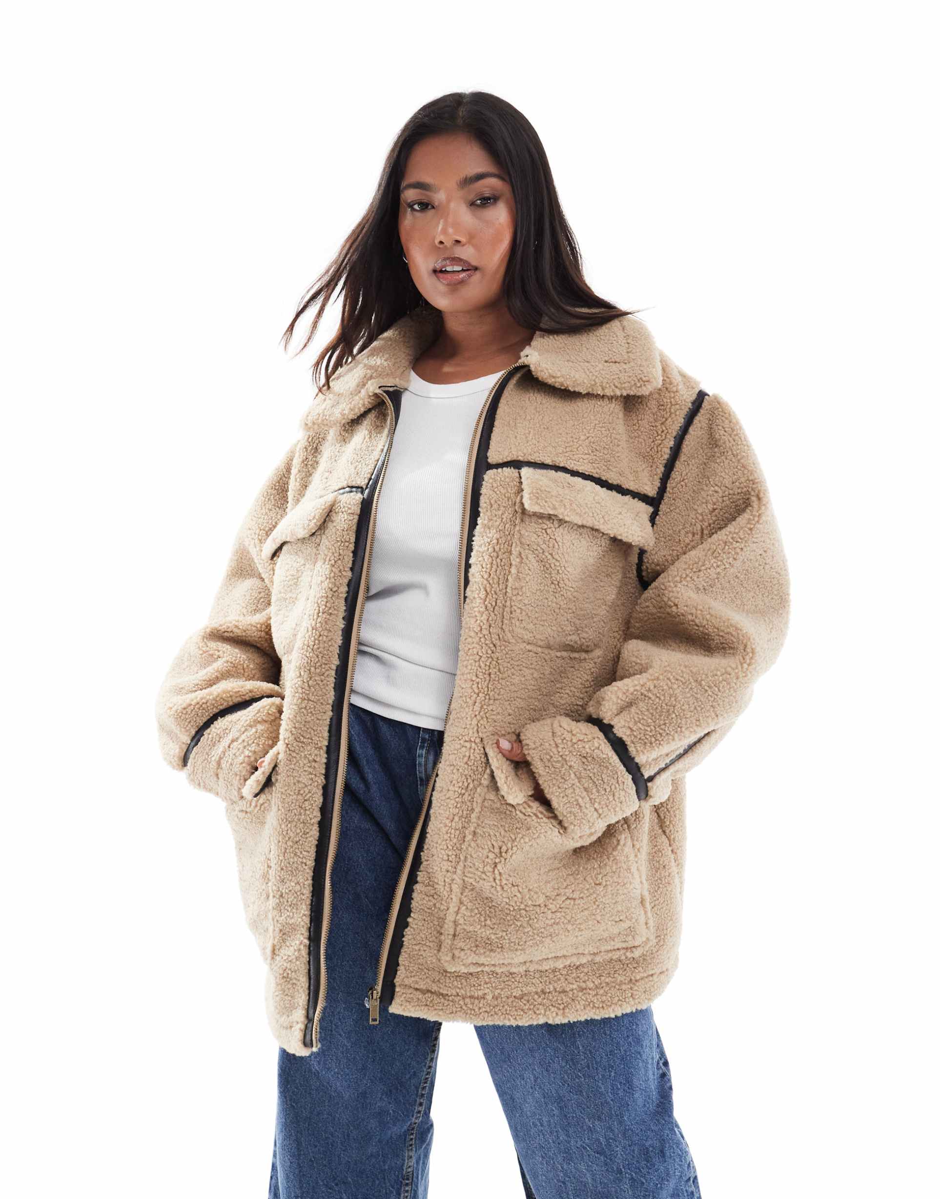 asos design curve faux shearling outer mid length jacket in stone