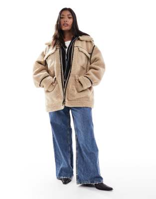 Asos Curve Asos Design Curve Faux Shearling Outer Mid Length Jacket In Brown