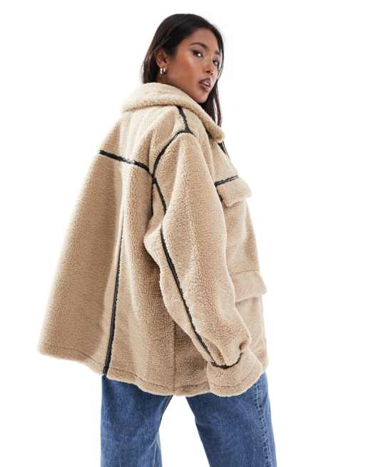 ASOS DESIGN Curve faux shearling outer mid length jacket in stone