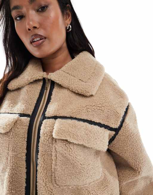 ASOS DESIGN Curve faux shearling outer mid length jacket in stone