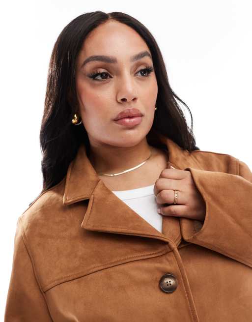 ASOS DESIGN Curve faux suede button front jacket in tan, 3 of 4