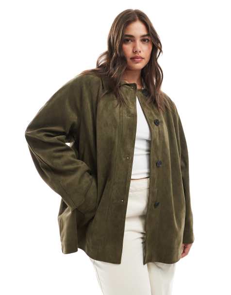 ASOS DESIGN Curve faux suede car coat in olive - view 1