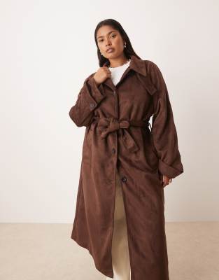 Asos Curve Asos Design Curve Faux Suede Funnel Neck Trench Coat In Brown