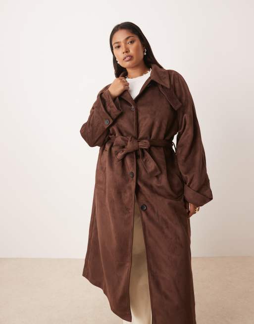 ASOS DESIGN Curve faux suede funnel neck trench coat in chocolate