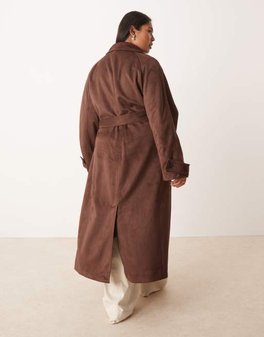 ASOS DESIGN Curve faux suede funnel neck trench coat in chocolate, 3 of 4