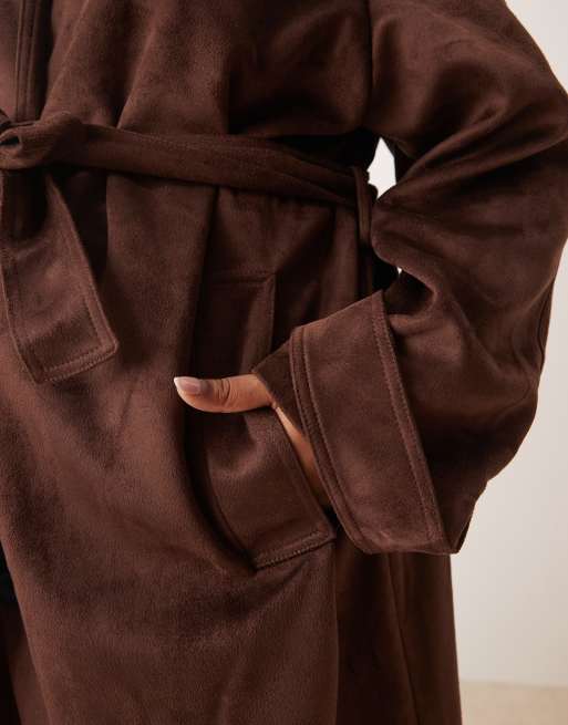 ASOS DESIGN Curve faux suede funnel neck trench coat in chocolate