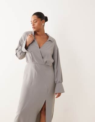 Asos Curve Asos Design Curve Faux Two-piece Dress With Draped Shirt And Midi Pencil Skirt In Gray