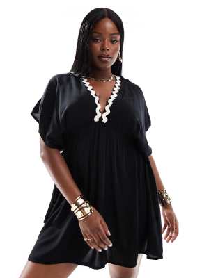 ASOS Curve ASOS DESIGN Curve Faye flutter sleeve mini beach dress with channelled tie waist in black