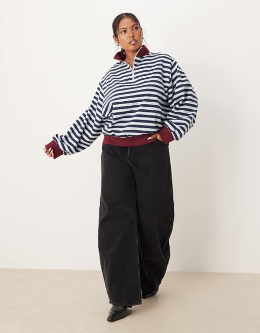 ASOS DESIGN Curve - Felpa a righe blu e bordeaux con zip corta, 2 di 4