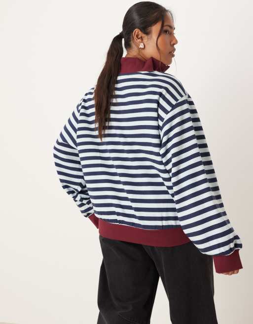 ASOS DESIGN Curve - Felpa a righe blu e bordeaux con zip corta, 4 di 4