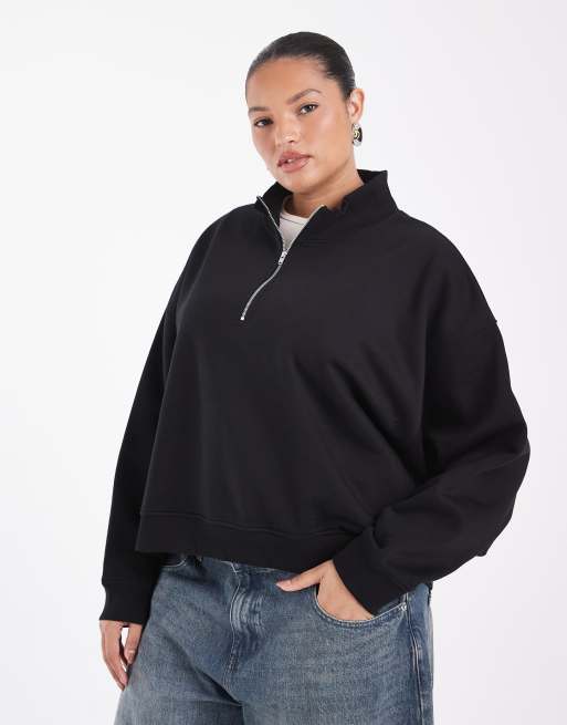 ASOS DESIGN Curve felpa boxy con mezza zip e collo a imbuto felpata nera, 2 di 4