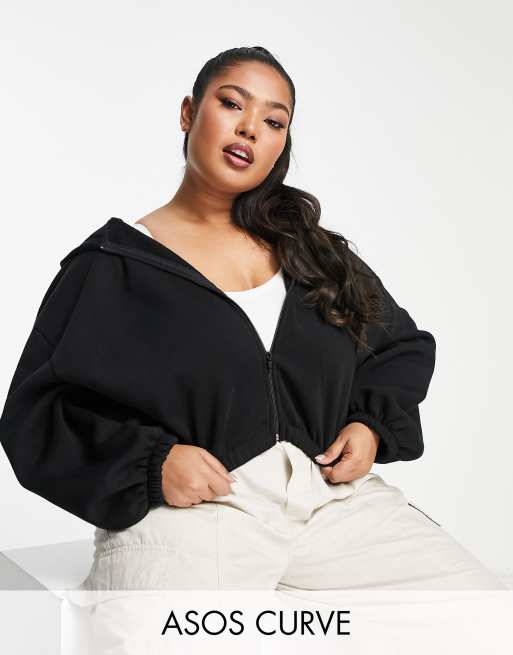 ASOS DESIGN Curve - Felpa con cappuccio corta nera con zip