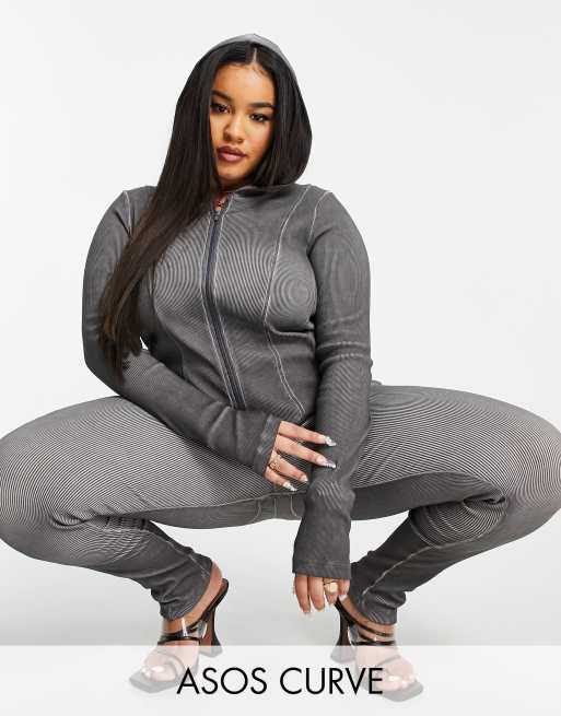 ASOS DESIGN Curve - Felpa con cappuccio e cuciture sui bordi, colore grigio lavato in coordinato