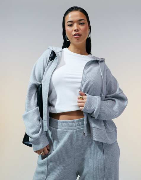 ASOS DESIGN Curve - Felpa con cappuccio grigio mélange lavorata a nido d'ape in coordinato - view 1