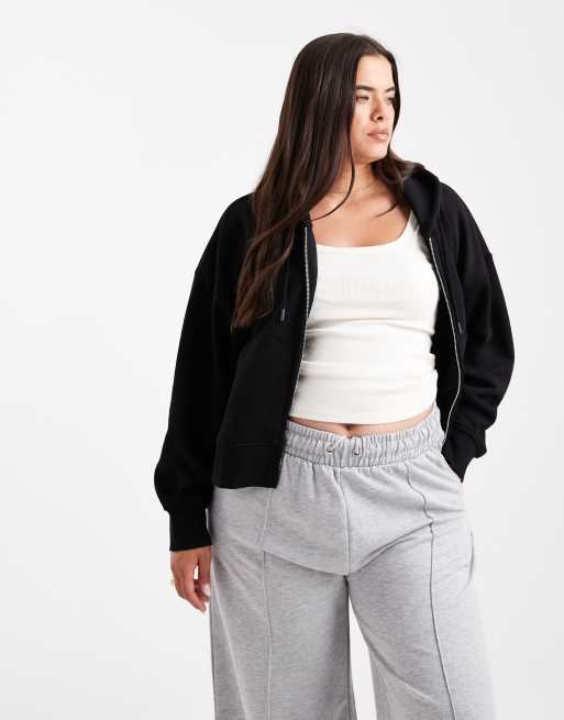 ASOS DESIGN Curve - Felpa con cappuccio nera taglio corto con zip e interno spazzolato