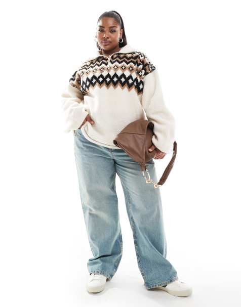 ASOS DESIGN Curve - Felpa in pile borg con zip corta e motivo Fair Isle - view 1