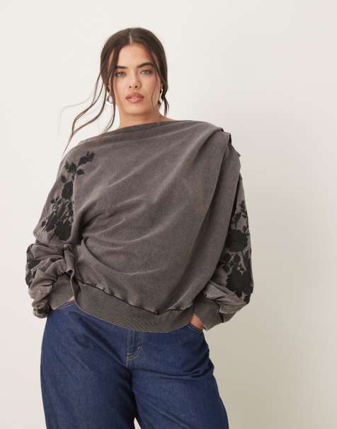 ASOS DESIGN Curve - Felpa nero slavato con ricamo e spalle scoperte - view 1