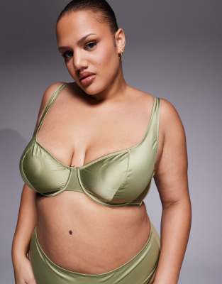 ASOS DESIGN Curve - Fern - Bügel-BH aus glattem Satin in Olivgrün mit breiten Trägern
