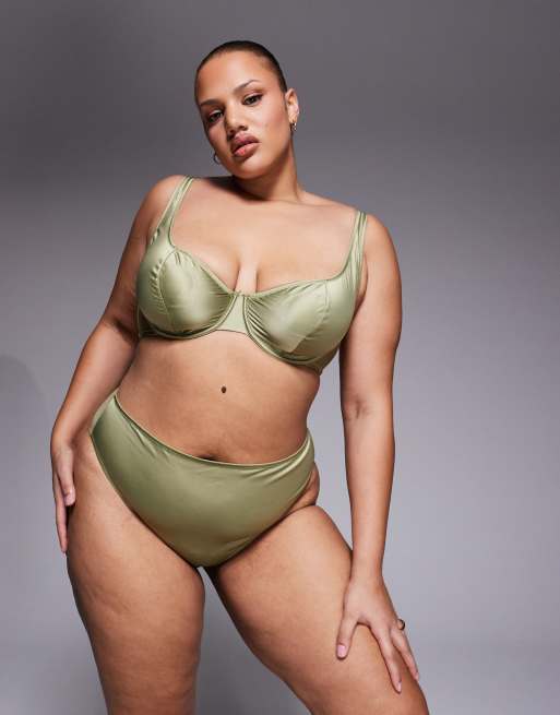 ASOS DESIGN Curve Fern clean satin lingerie set in olive green, 3 of 3