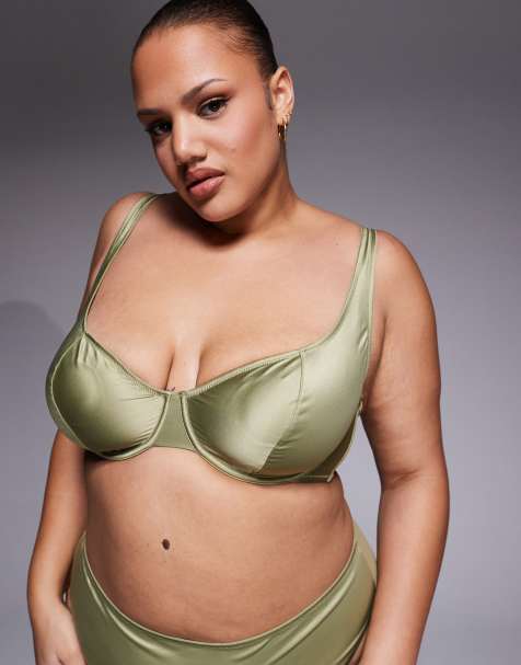 ASOS DESIGN Curve - Fern - Olivengrøn BH med bøjle i skinnende satin - view 1