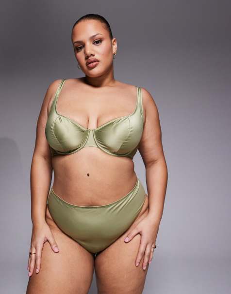 ASOS DESIGN Curve - Fern - Olivengrønt lingerisæt med rent design i satin - view 1
