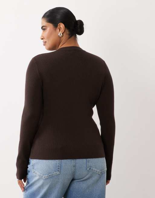 ASOS DESIGN Curve figursydd ribbstickad lång kofta i chokladbrunt, 4 av 4
