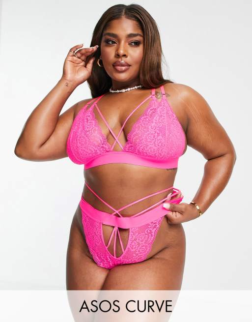 ASOS DESIGN Curve Filipa lace strapping lingerie set in pink, 3 of 3