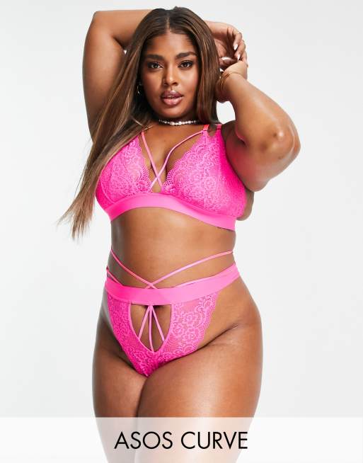 ASOS DESIGN Curve – Filipa – Różowe koronkowe stringi z paseczkami