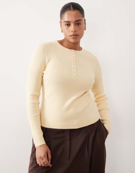 ASOS DESIGN Curve fine gauge henley top in buttermilk - view 1
