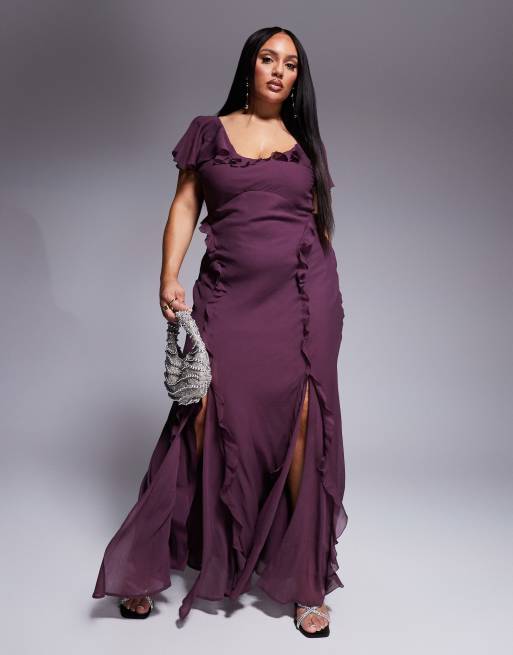 ASOS DESIGN Curve – Fioletowa sukienka maxi z rozkloszowanymi rękawami, falbankami i godetami
