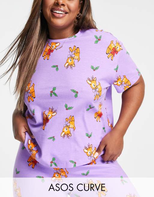 ASOS DESIGN Curve – Fioletowa świąteczna piżama w renifery: T-shirt i legginsy