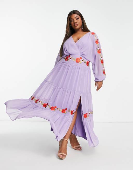 ASOS DESIGN Curve – Fioletowa szyfonowa sukienka maxi z nietoperzowymi rękawami i haftem
