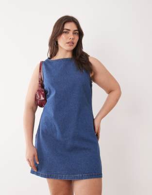 ASOS DESIGN Curve - Fit-and-Flare-Etuikleid aus Denim in Mittelblau Blau 48