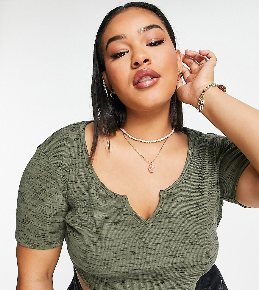 Plus-size T-shirt by ASOS DESIGN Your better half Marl design Notch neck Short sleeves Cropped length Slim fit