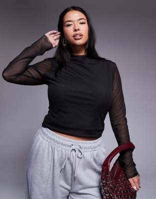 ASOS DESIGN Curve fitted high neck double layer mesh long sleeve top in black - view 1