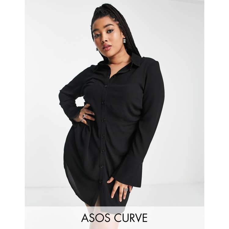 ASOS DESIGN Curve fitted mini shirt dress in black | ASOS