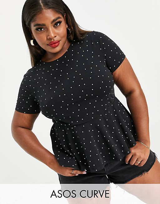ASOS DESIGN Curve fitted peplum with short sleeve in mono spot
