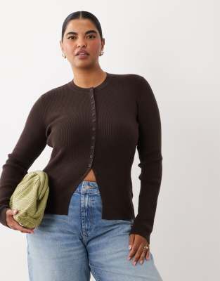 Asos Curve Asos Design Curve Fitted Rib Knit Longline Cardigan In Brown