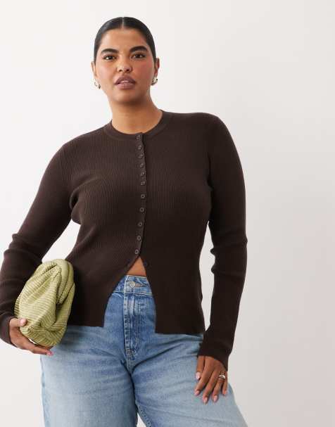 ASOS DESIGN Curve fitted rib knit longline cardigan in chocolate - view 1