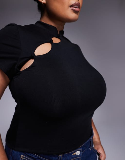 ASOS DESIGN Curve fitted short sleeve top with rouleau loop buttons detail in black, 2 of 4