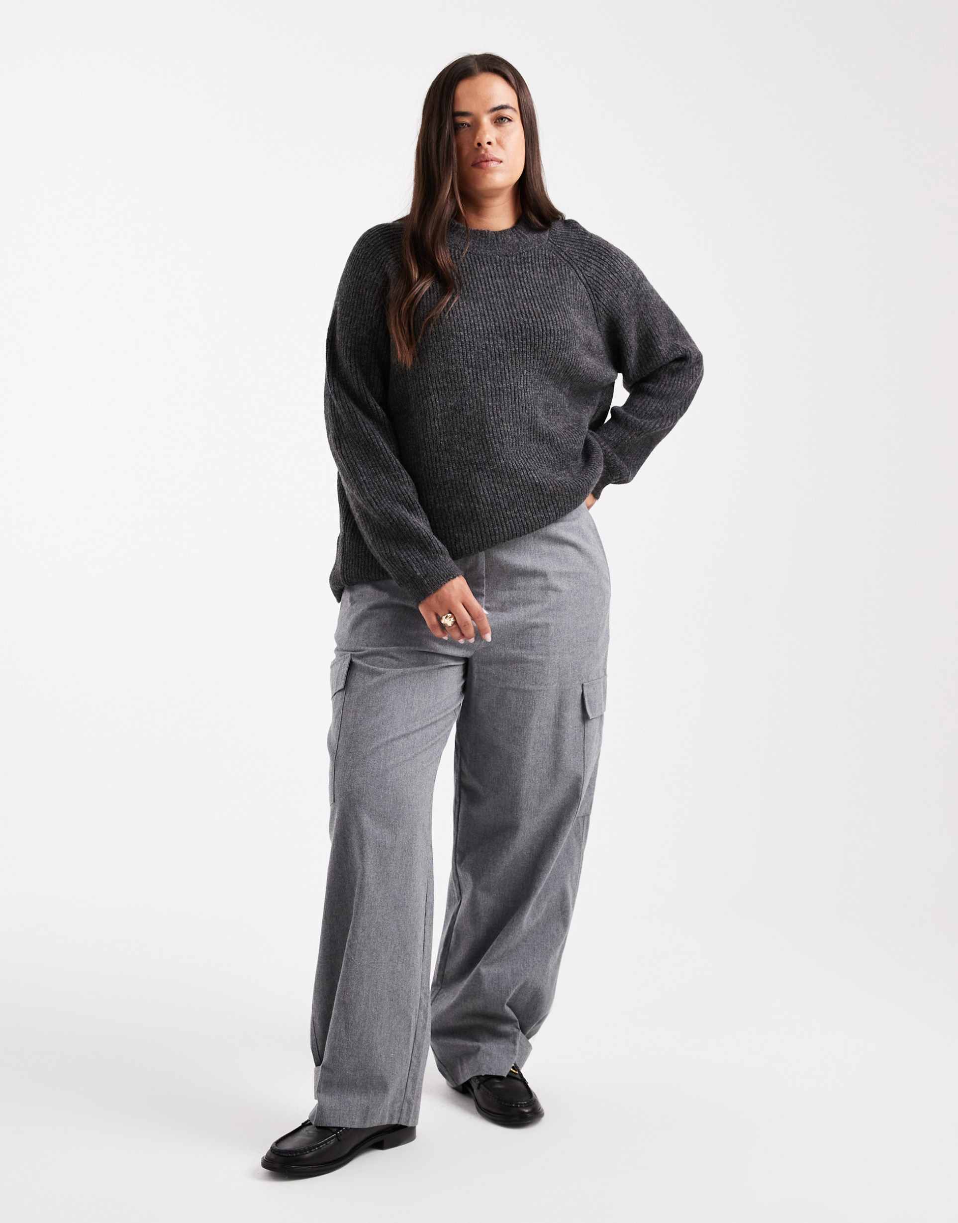 asos design curve flannel utility pants with pocket detailing in heather gray