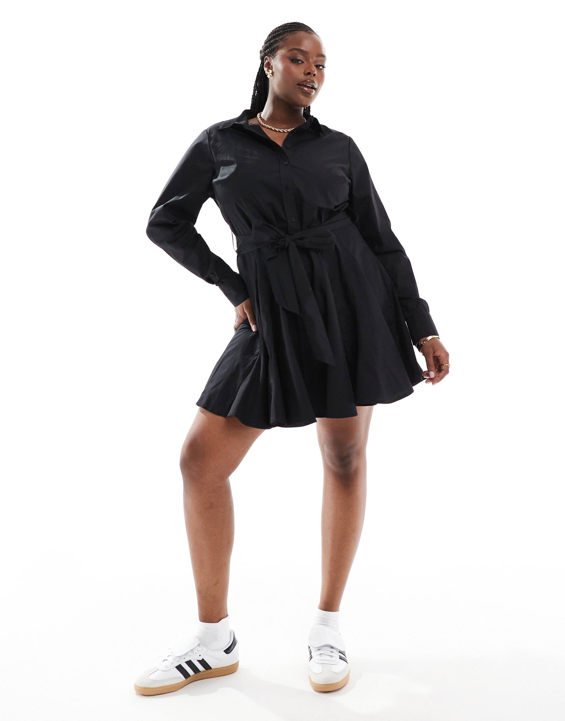 asos design curve flare pleated mini shirt dress in black