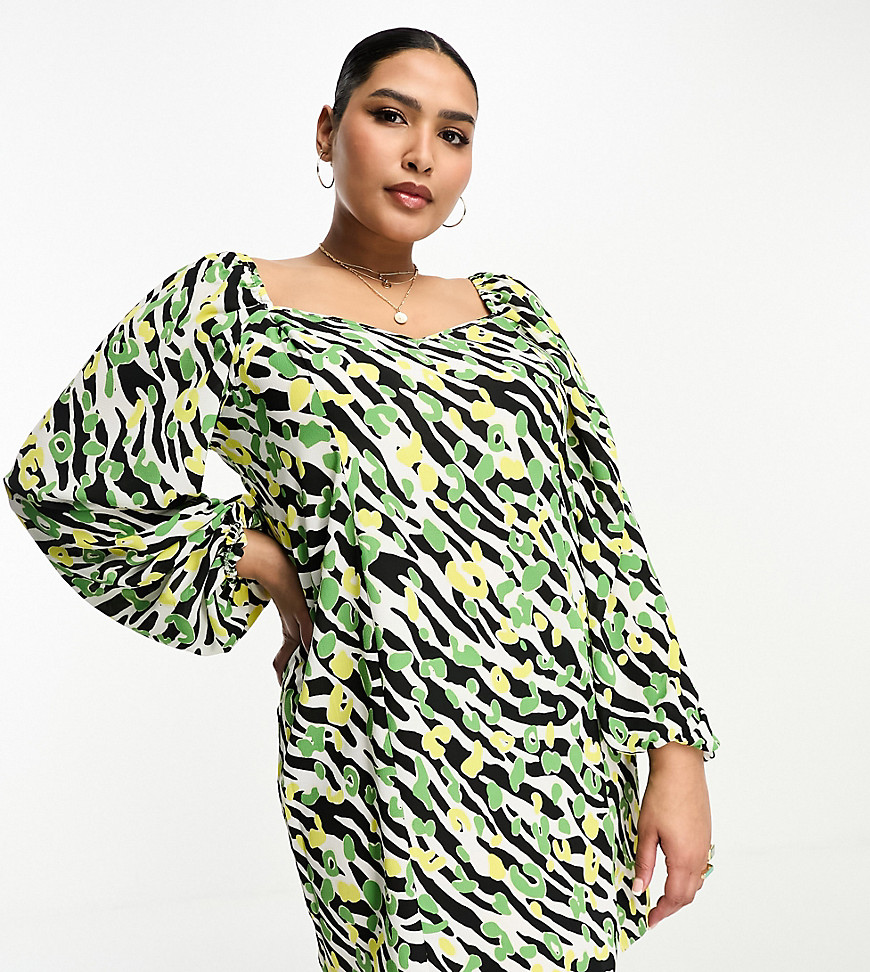 ASOS Curve ASOS DESIGN Curve flared sleeve mini tea dress in abstract zebra print-Multi